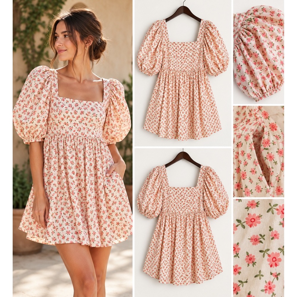 Storia Floral Babydoll Mini Dress | Puff Sleeve | Pink Floral | M